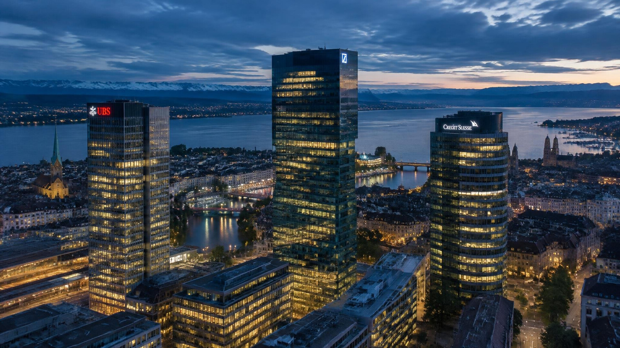 Aerial view of Zurich financial district skyscrapers at dusk
