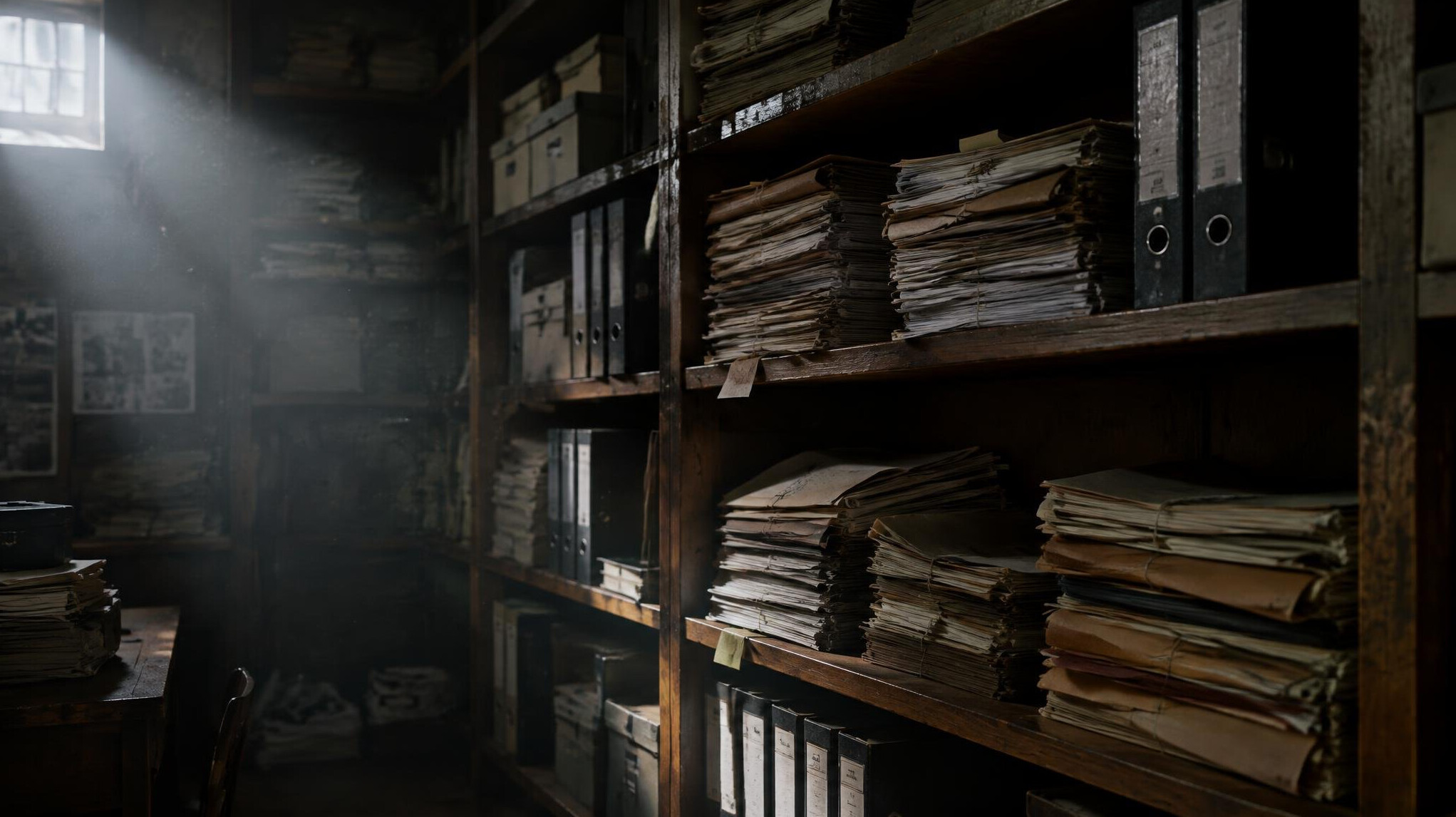 Stacks of paper documents and files in an archive room